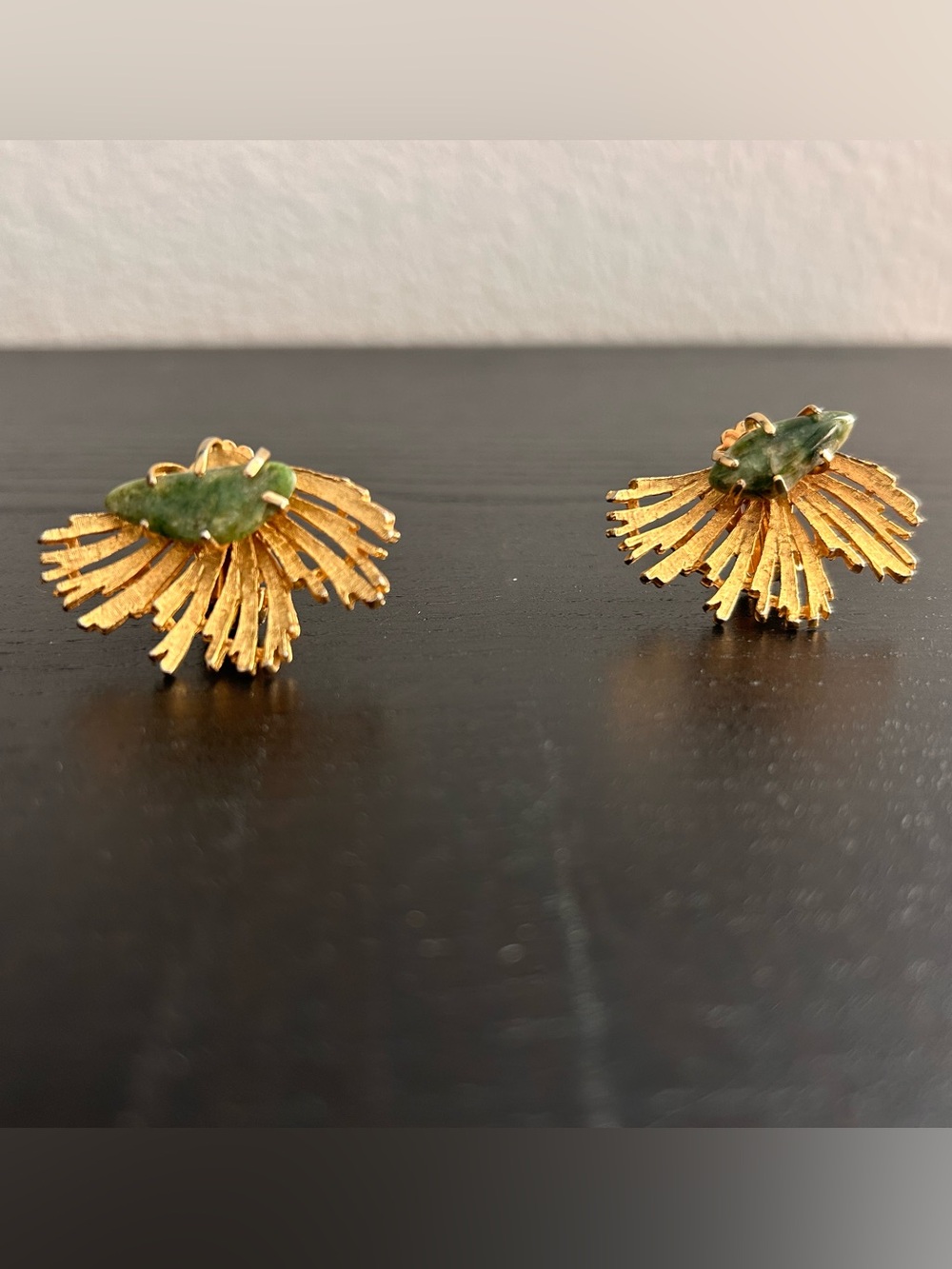 Textured Gold-tone Fan-Shaped Sunburst Clip-On Earrings w/ Prong Set Green Stone